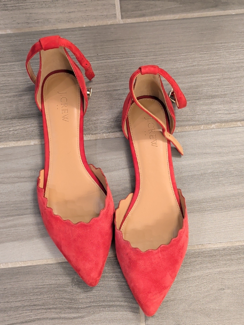 GUC J. Crew Factory Coral-Red Scalloped Pointed Suede Flats with Ankle Strap